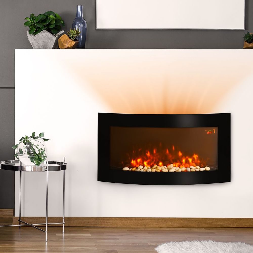 HOMCOM Electric Fireplace Wall Mounted Led Flame Curved Back Side Lights Heater - anydaydirect