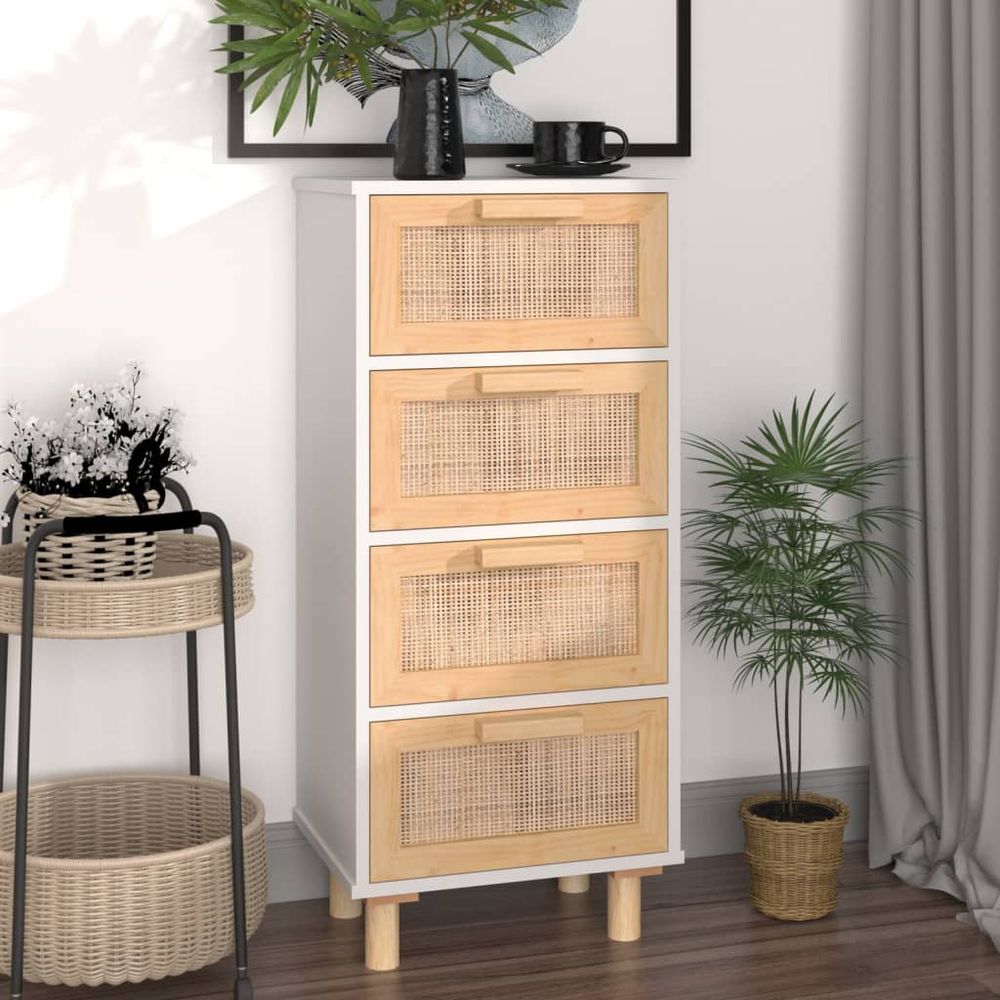 Sideboard White 40x30x90 cm Solid Wood Pine and Natural Rattan - anydaydirect