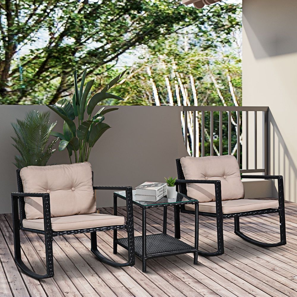 Outsunny 2 Seater Rattan Rocking Set W/Cushion-Black/Beige - anydaydirect