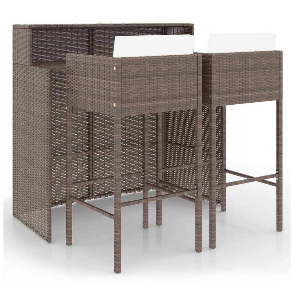 3 Piece Garden Bar Set with Cushions Poly Rattan Brown - anydaydirect