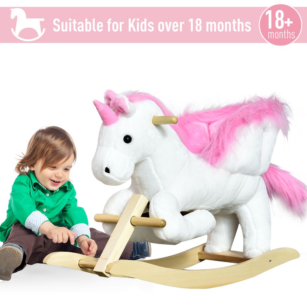 Kids Wooden Ride On Unicorn Rocking Horse Plush Toy Soft Seat Pink HOMCOM - anydaydirect