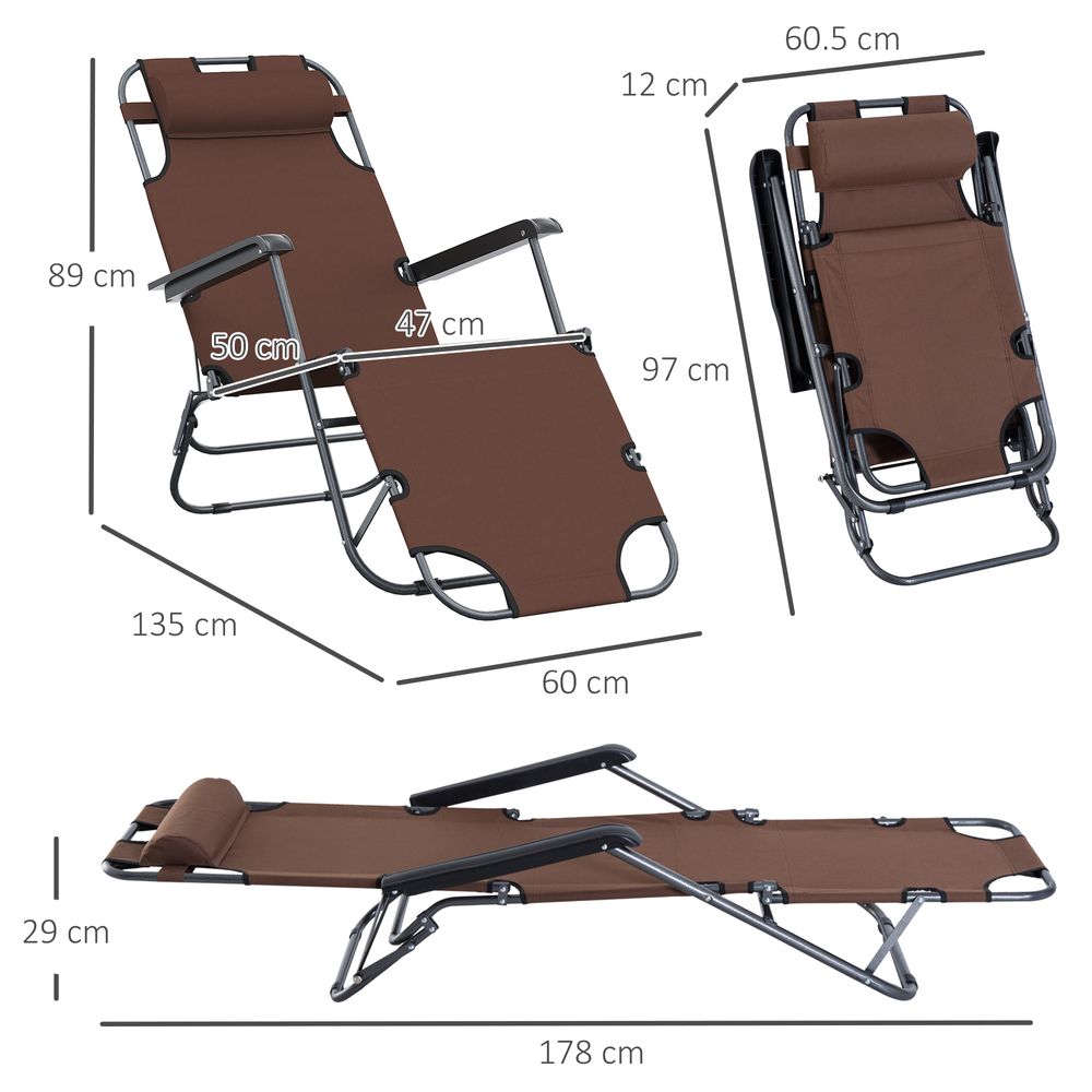 2 in 1 Outdoor Folding Sun Lounger Adjustable Back and Pillow Brown - anydaydirect