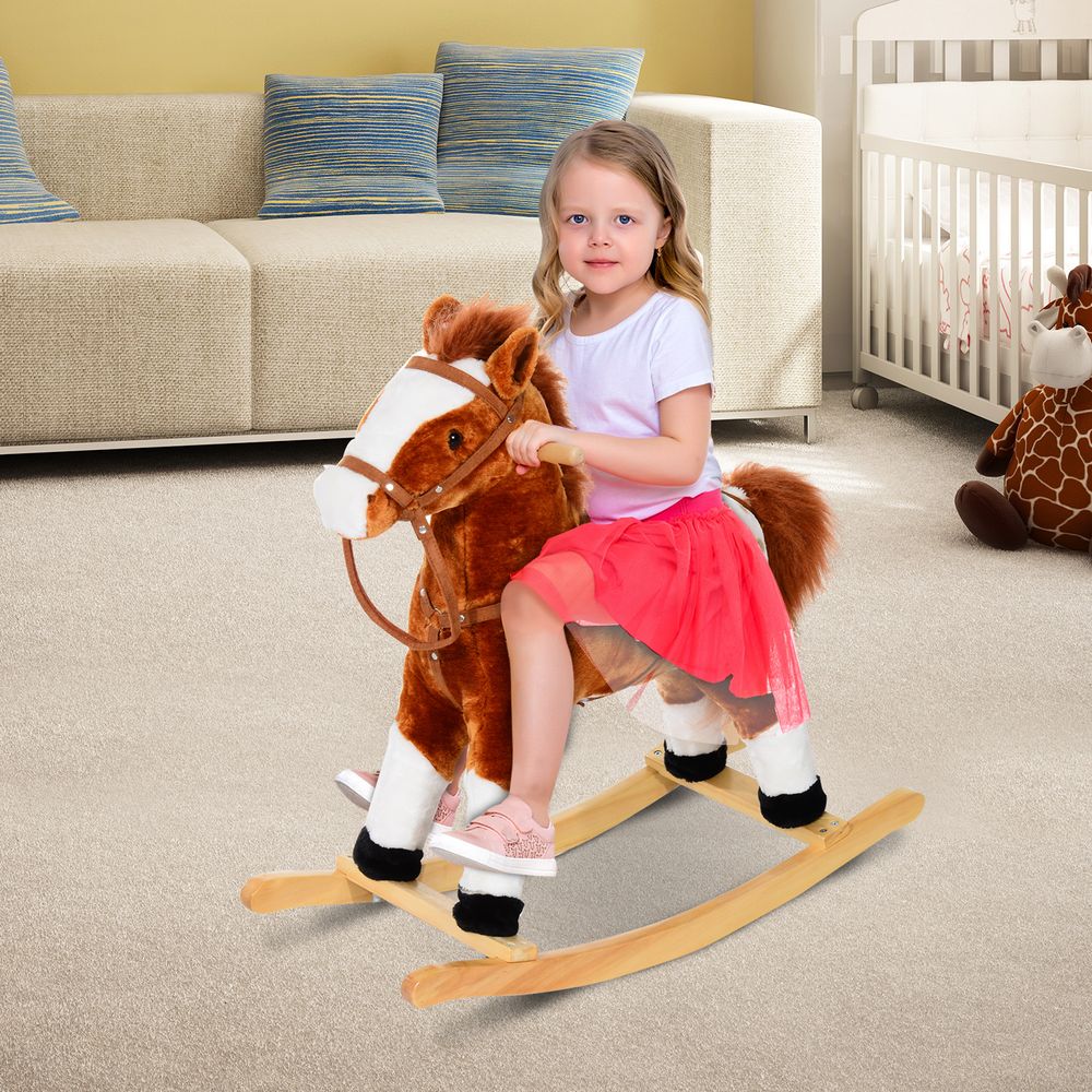 Rocking Horse Toy Plush Wood Pony Riding Rocker Neigh Sound Brown - anydaydirect