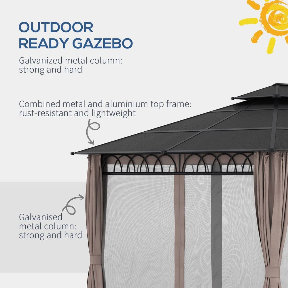 Outsunny 3.6 x 3 (m) Double Roof Hard Top Gazebo with Nettings & Curtains - anydaydirect