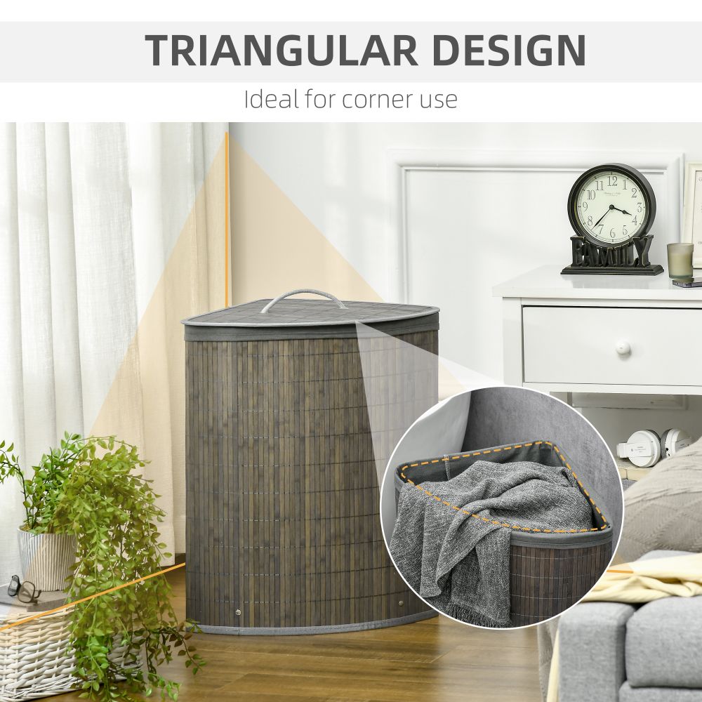 55L Bamboo Corner Laundry Hamper Bamboo Laundry Basket 38x38x57cm Grey HOMCOM - anydaydirect