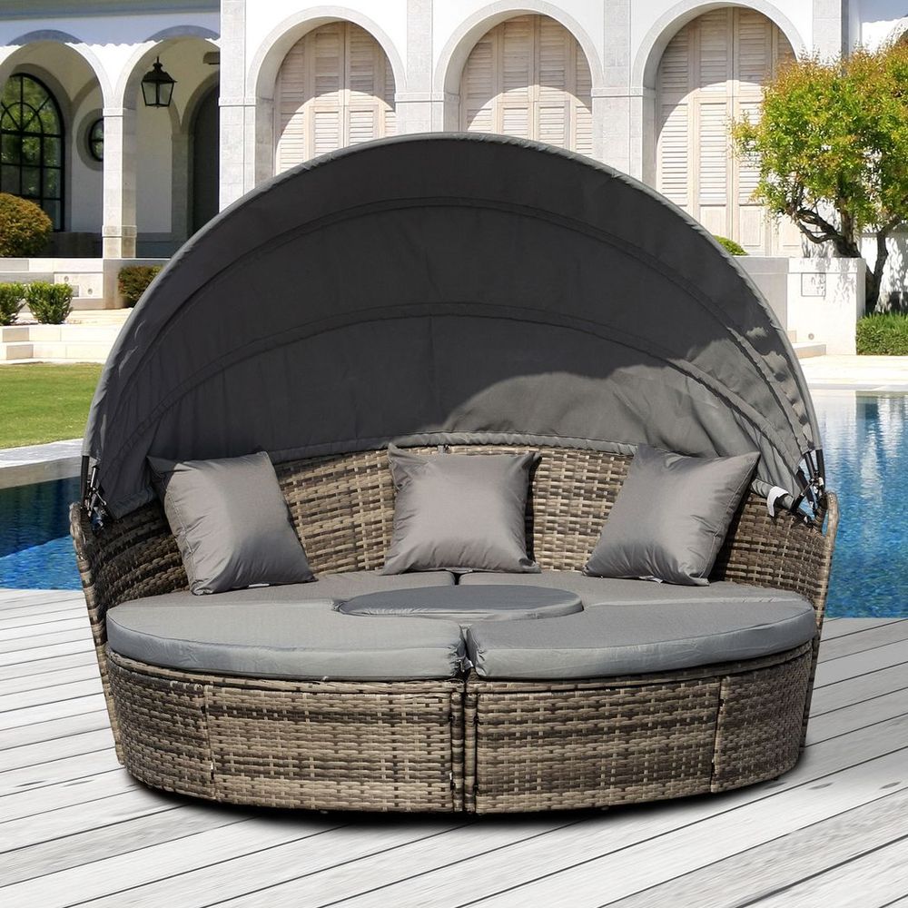 Outsunny 5 PCs Cushioned Outdoor Plastic Rattan Round Sofa Bed Table Set Grey - anydaydirect