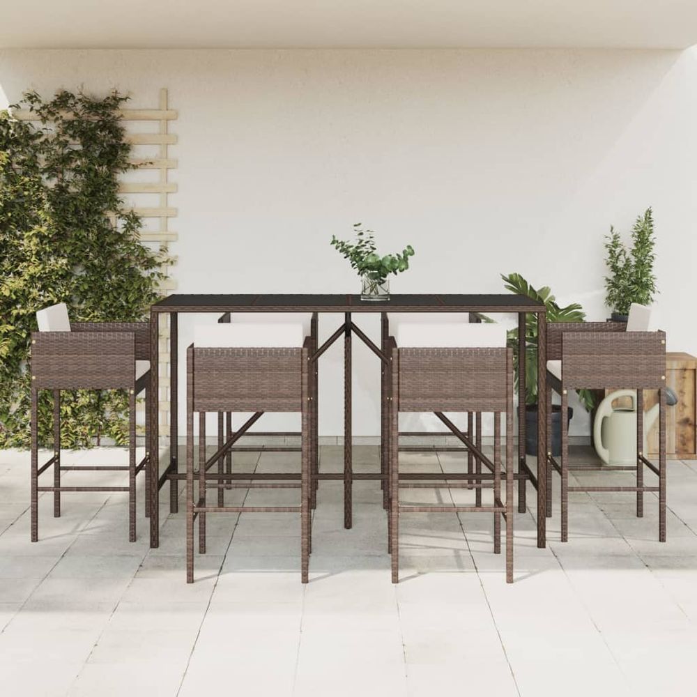 vidaXL 7 Piece Garden Bar Set with Cushions Brown Poly Rattan - anydaydirect