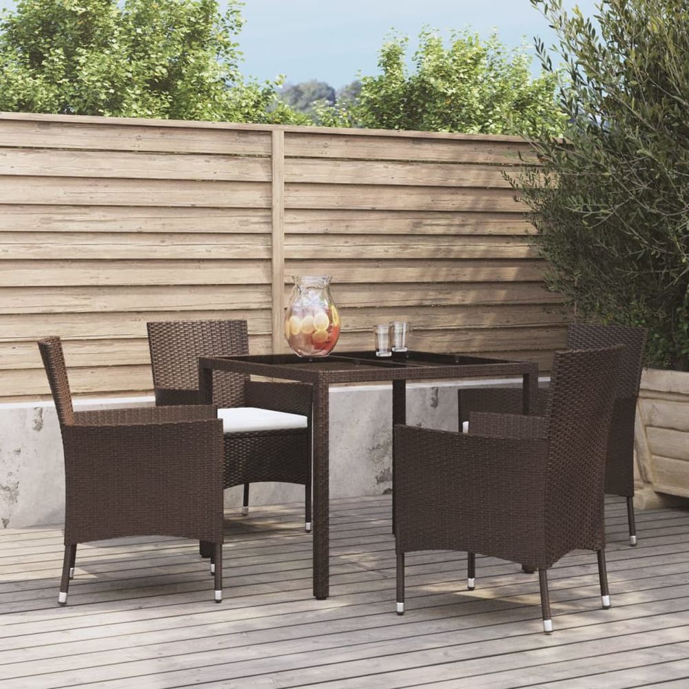5 Piece Garden Dining Set with Cushions Brown Poly Rattan - anydaydirect