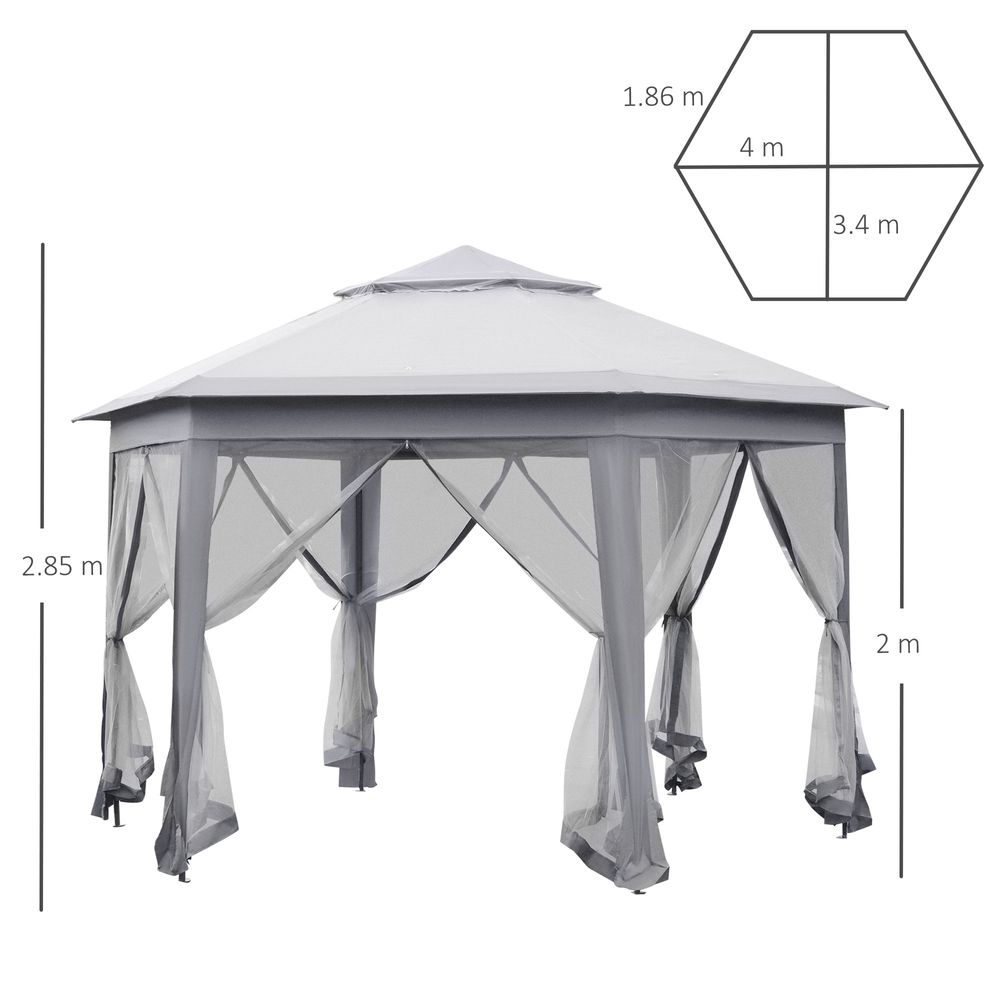 Hexagon Pop Up Gazebo Double Roof Netting, 4m x 4m, Grey w/ Mesh, 4x4m - anydaydirect