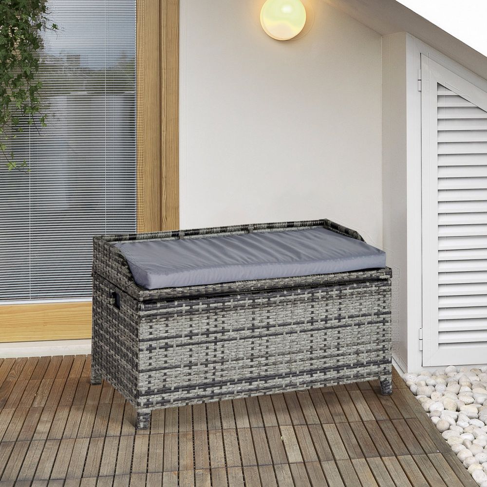PE Rattan Bench Patio Wicker Storage Basket Seat Furniture w/ Cushion - anydaydirect