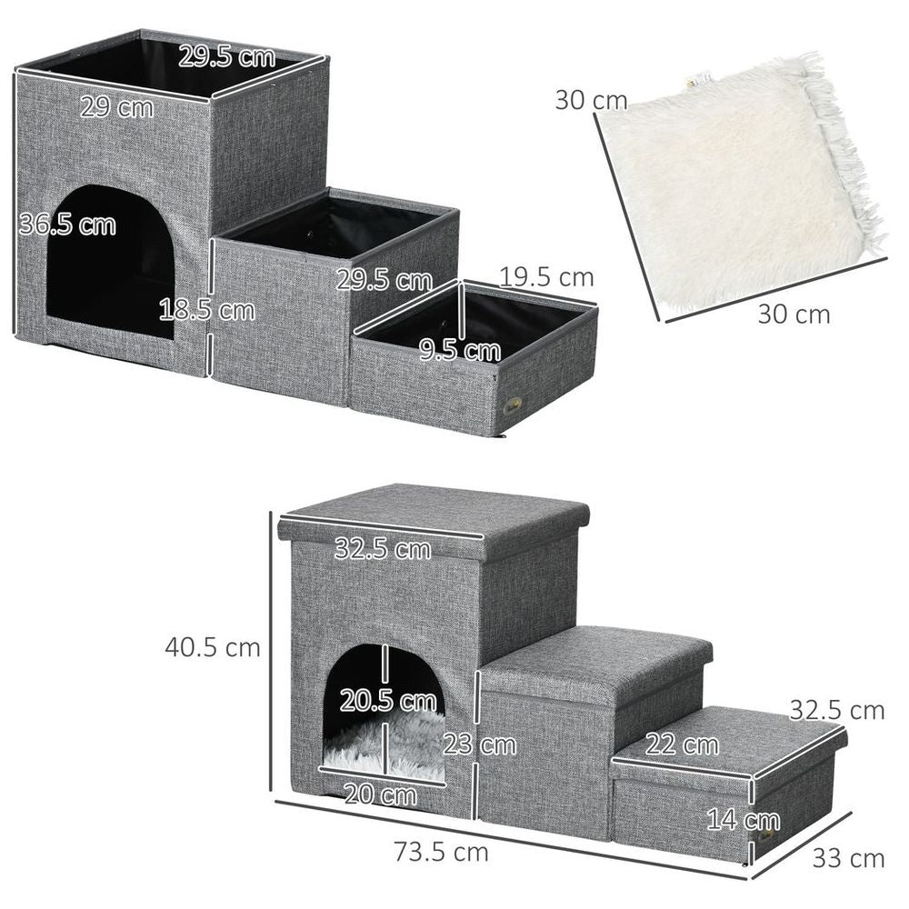 PawHut 3 Step Dog Steps for Bed w/ Cat House Storage Boxes for Sofa Grey - anydaydirect