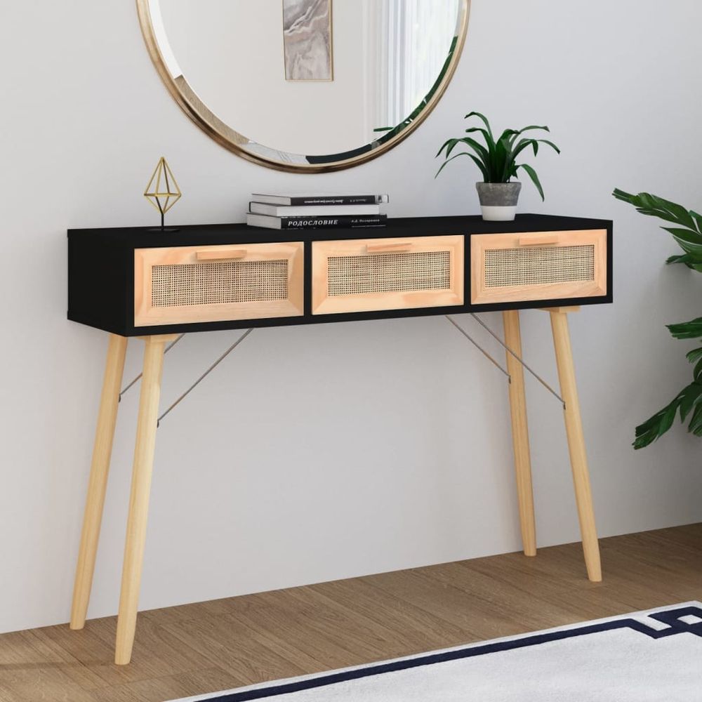 Console Table White 105x30x75 cm Solid Wood Pine&Natural Rattan - anydaydirect