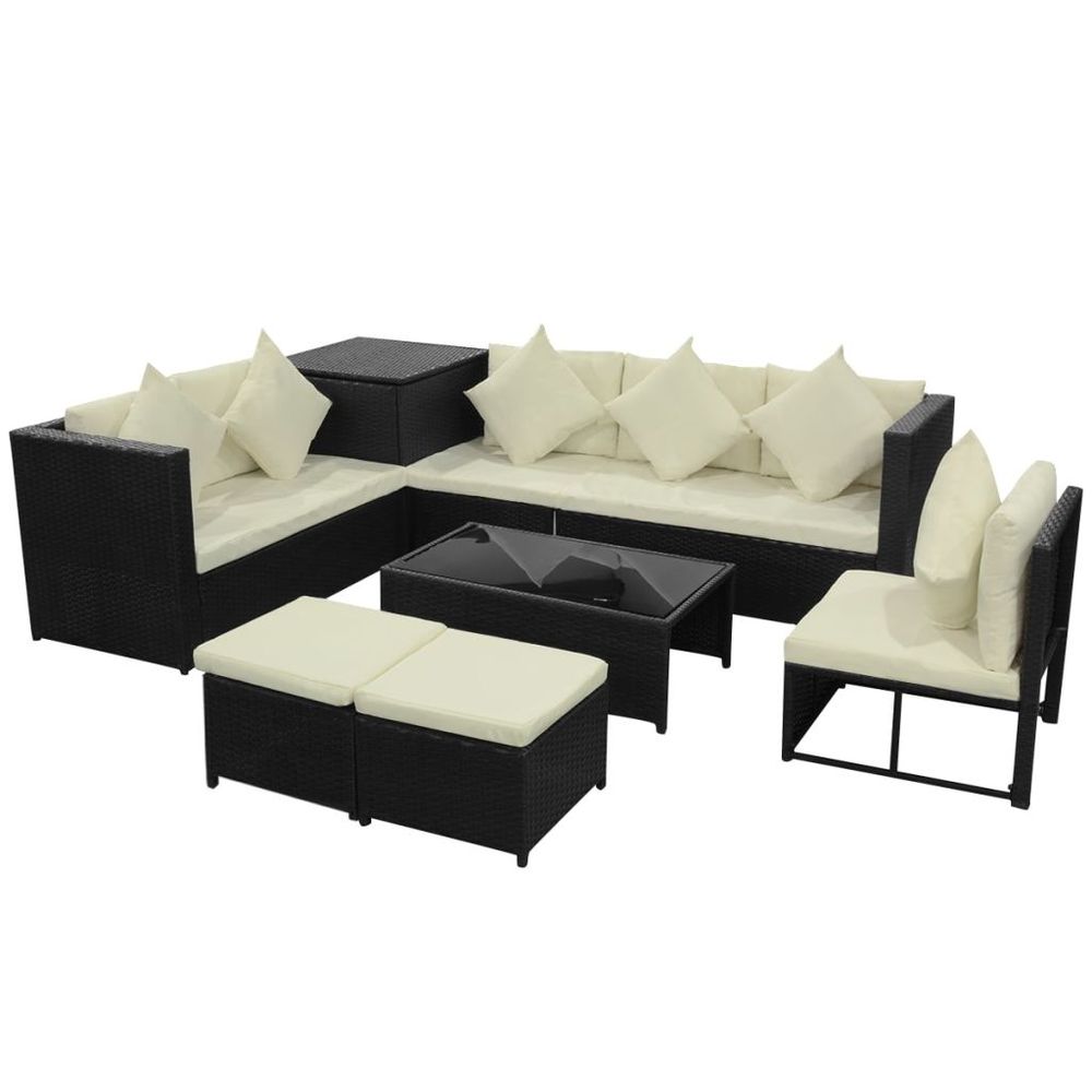 8 Piece Garden Lounge Set with Cushions Poly Rattan Black - anydaydirect