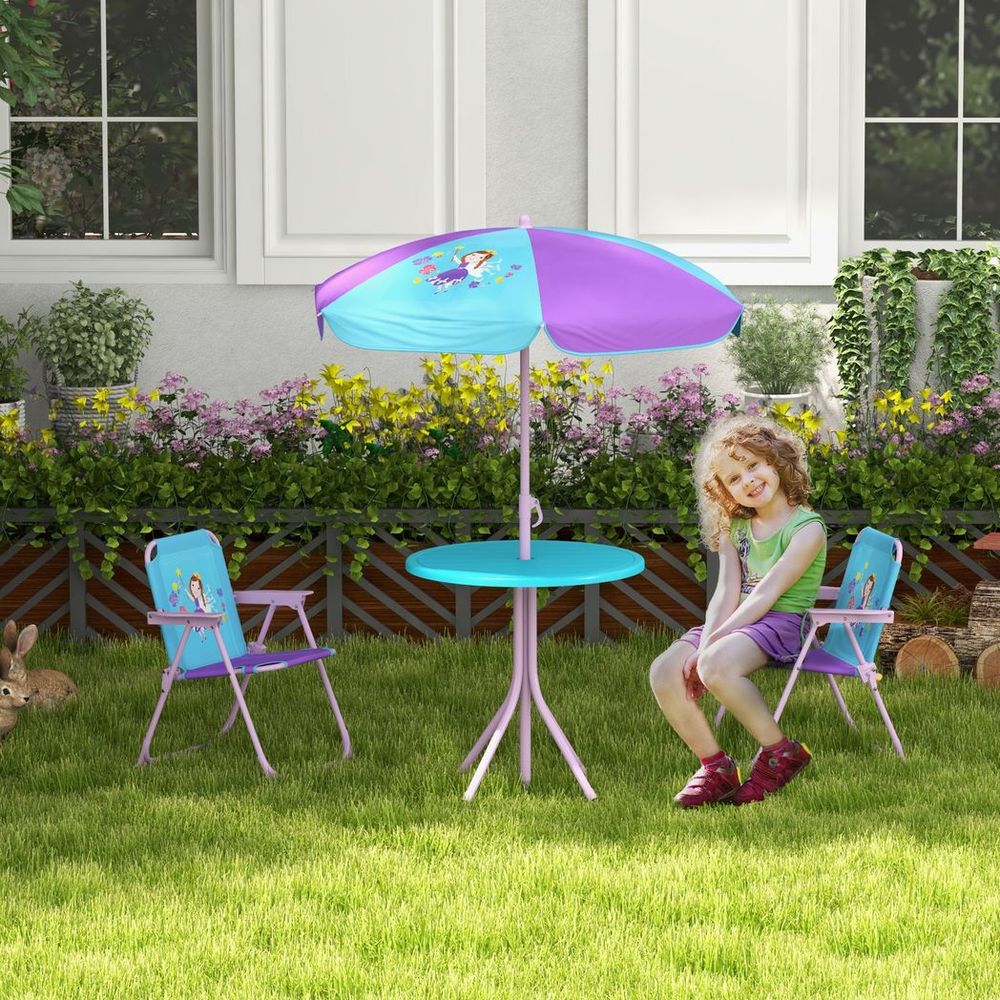 Outsunny Kids Bistro Table and Chair Set with Fairy Theme, Adjustable Parasol - anydaydirect