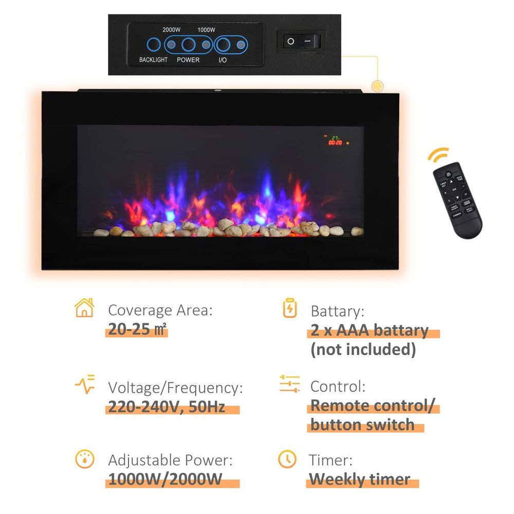 HOMCOM 1000W/2000W LED Electric Fireplace Automatic Function Remote Timer Safe - anydaydirect