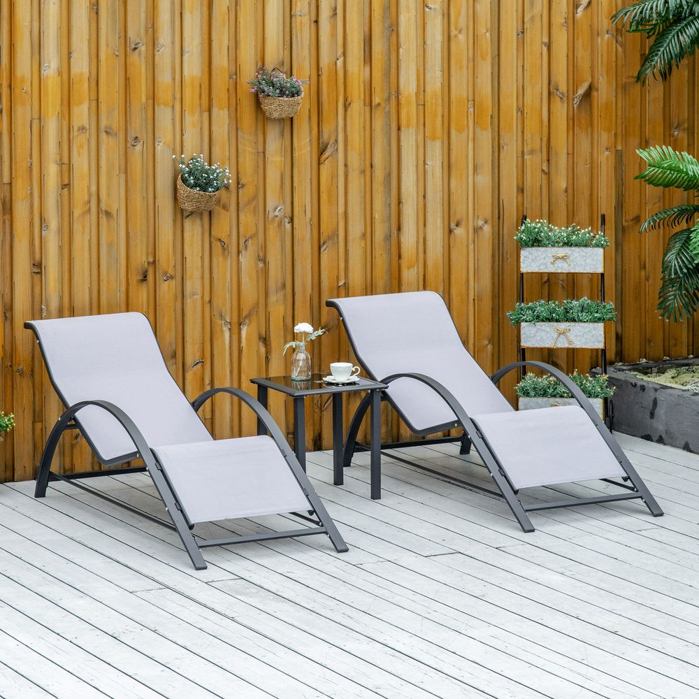 3Pc Garden Recliner Sunbathing Chair with Table, Light Grey - anydaydirect