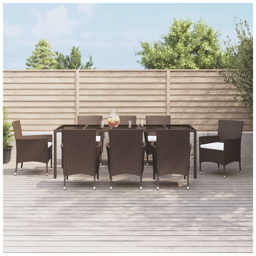 9 Piece Garden Dining Set with Cushions Brown Poly Rattan - anydaydirect