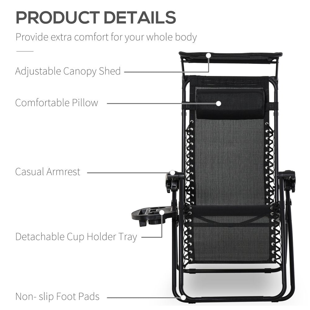Zero Gravity Folding Sun Lounger Reclining Seat & Cup Holder & Canopy, Black - anydaydirect