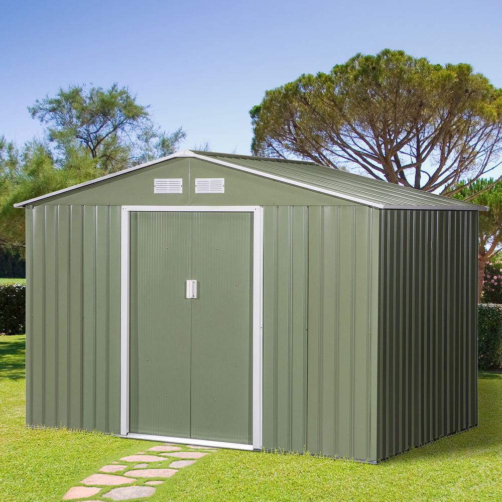 9 x 6FT Garden Metal Storage Shed Tool Box Foundation Vent & Doors  Green - anydaydirect