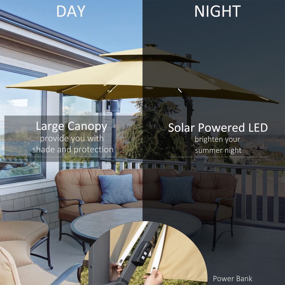 3m Cantilever Patio Umbrella, Solar LED Lighted Crank Handle Khaki - anydaydirect