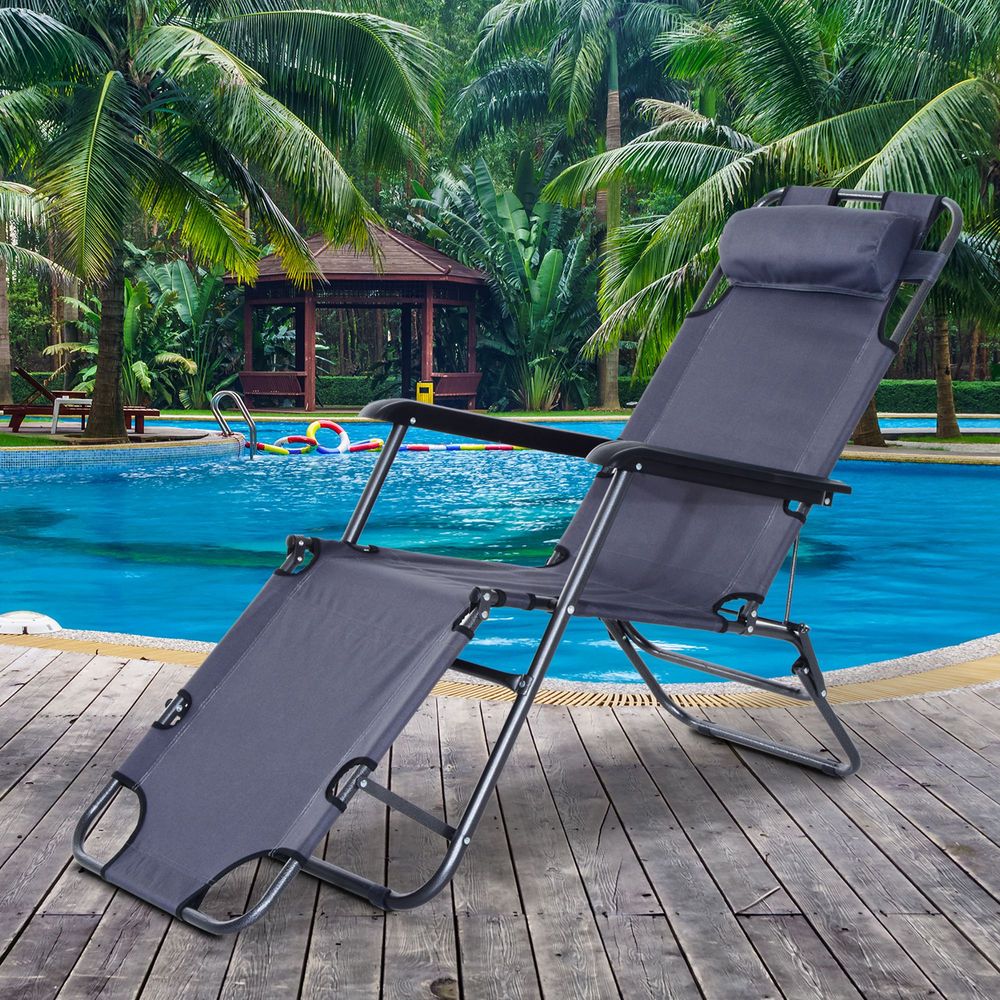 2 in 1 Sun Lounger Folding Reclining Chair Camping Adjustable Back & Pillow - anydaydirect