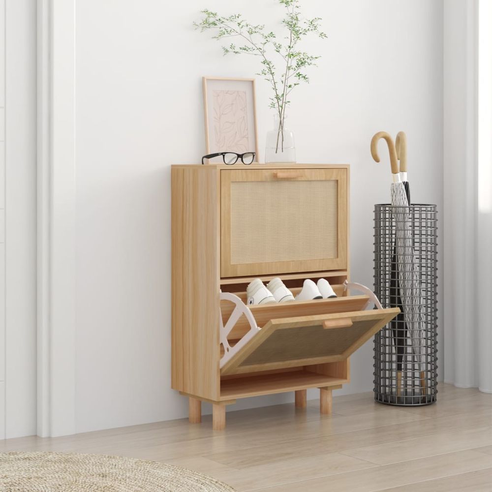 Shoe Cabinet Black 52x25x80 cm Engineered Wood&Natural Rattan - anydaydirect