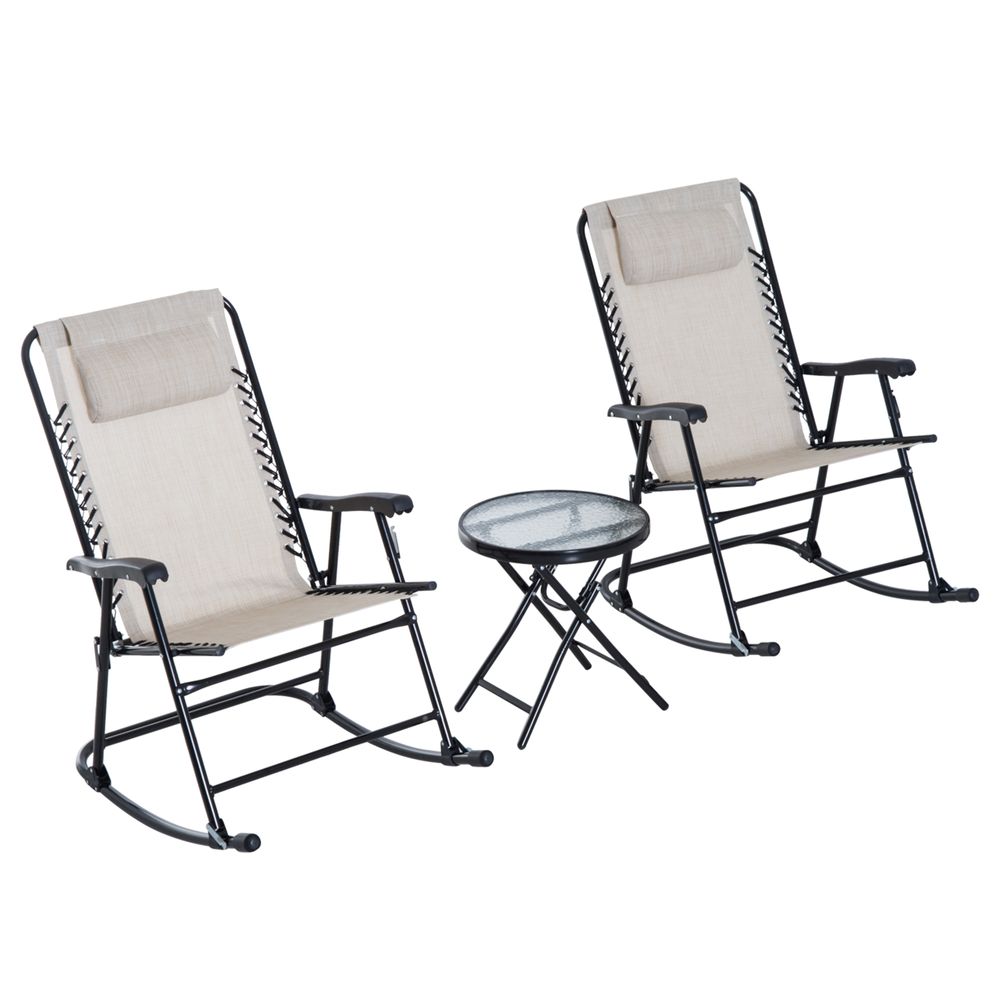 3 Piece Rocking Bistro Set, 2 Folding Chairs & 1 Tempered Glass Table, Beige - anydaydirect