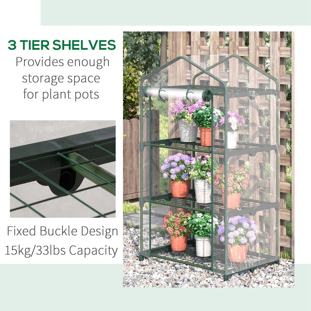 3 Tier Mini Greenhouse Roll Up Door Wire Shelves, 69x49x125cm, Clear - anydaydirect