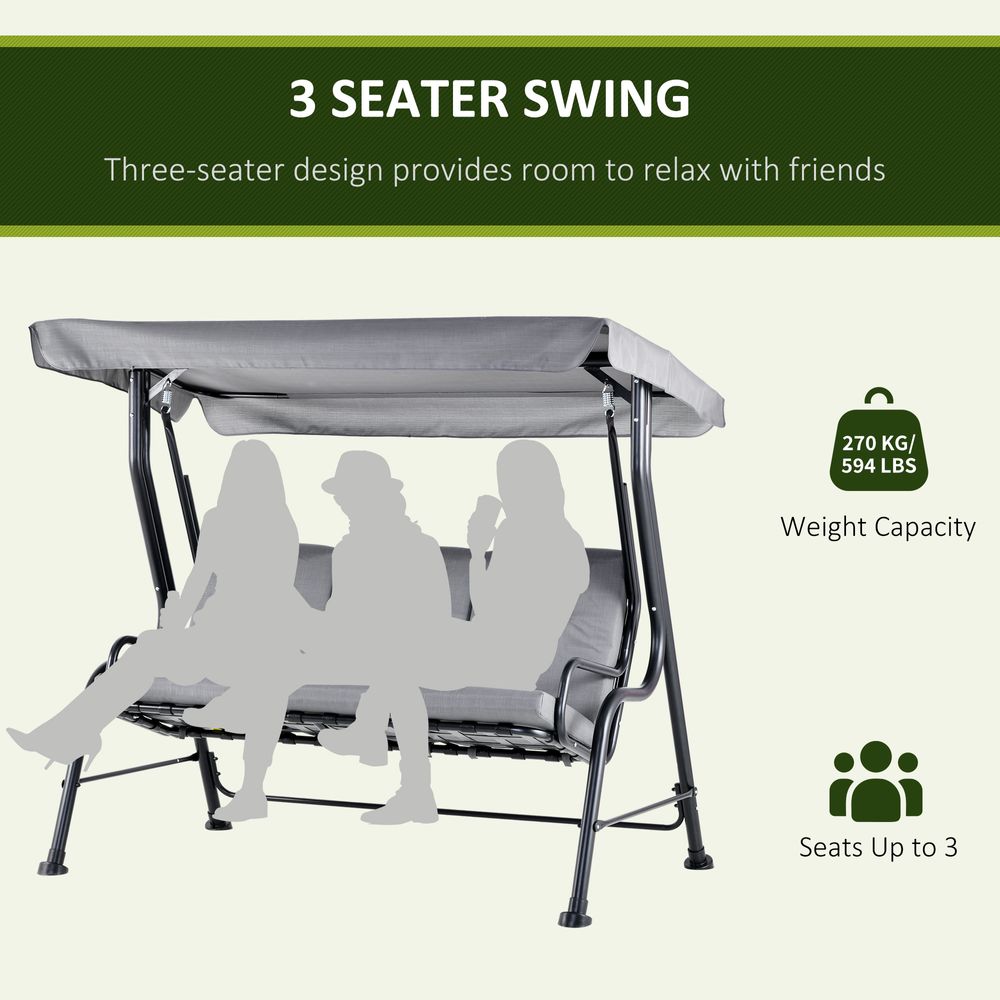 3 Seater Swing Chairs Thick Padded Seat With Canopy Bench Bed - Grey - anydaydirect