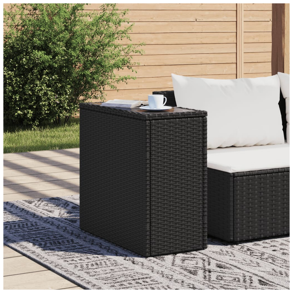 vidaXL Garden Side Table with Glass Top Black 58x27.5x55 cm Poly Rattan - anydaydirect