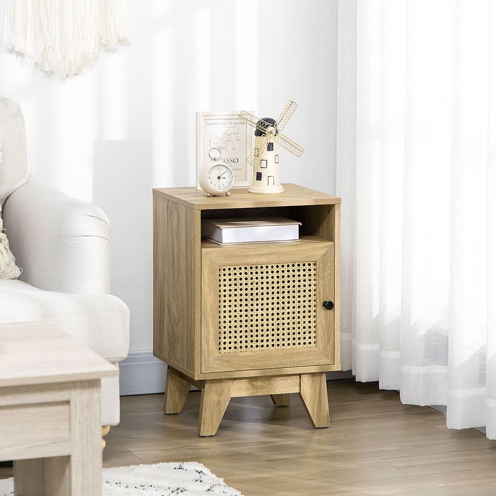 Nightstand, Bedside Table with Drawer and Shelf, End Table with Rattan Element - anydaydirect
