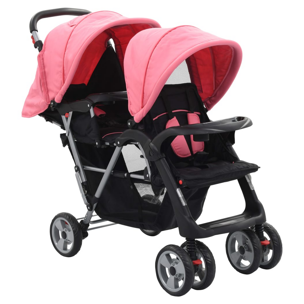 vidaXL Tandem Stroller Pink and Black Steel - anydaydirect