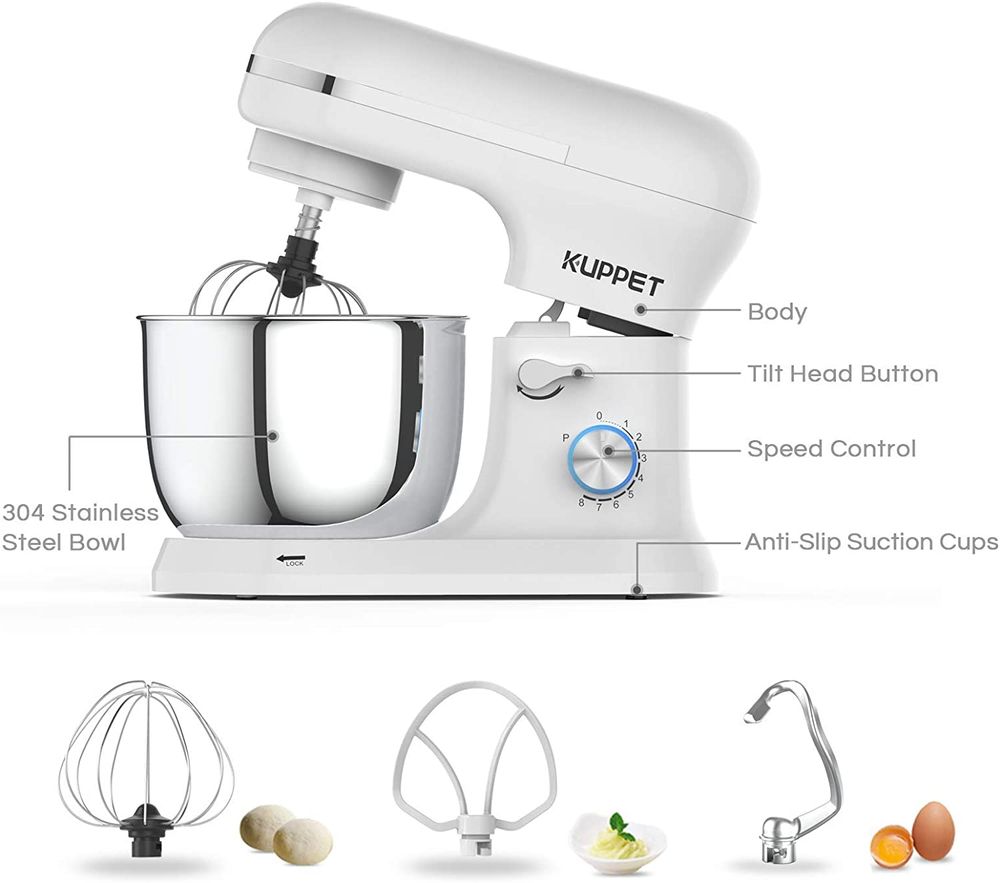 Stand Mixer, Food Mixer with Tilt-Head, 8-Speeds Electric Mixer, Included Dough Hook, Wire Whip & Beater, 4.5L Stainless Steel Bowl - White ( Needed UK Plug) - anydaydirect