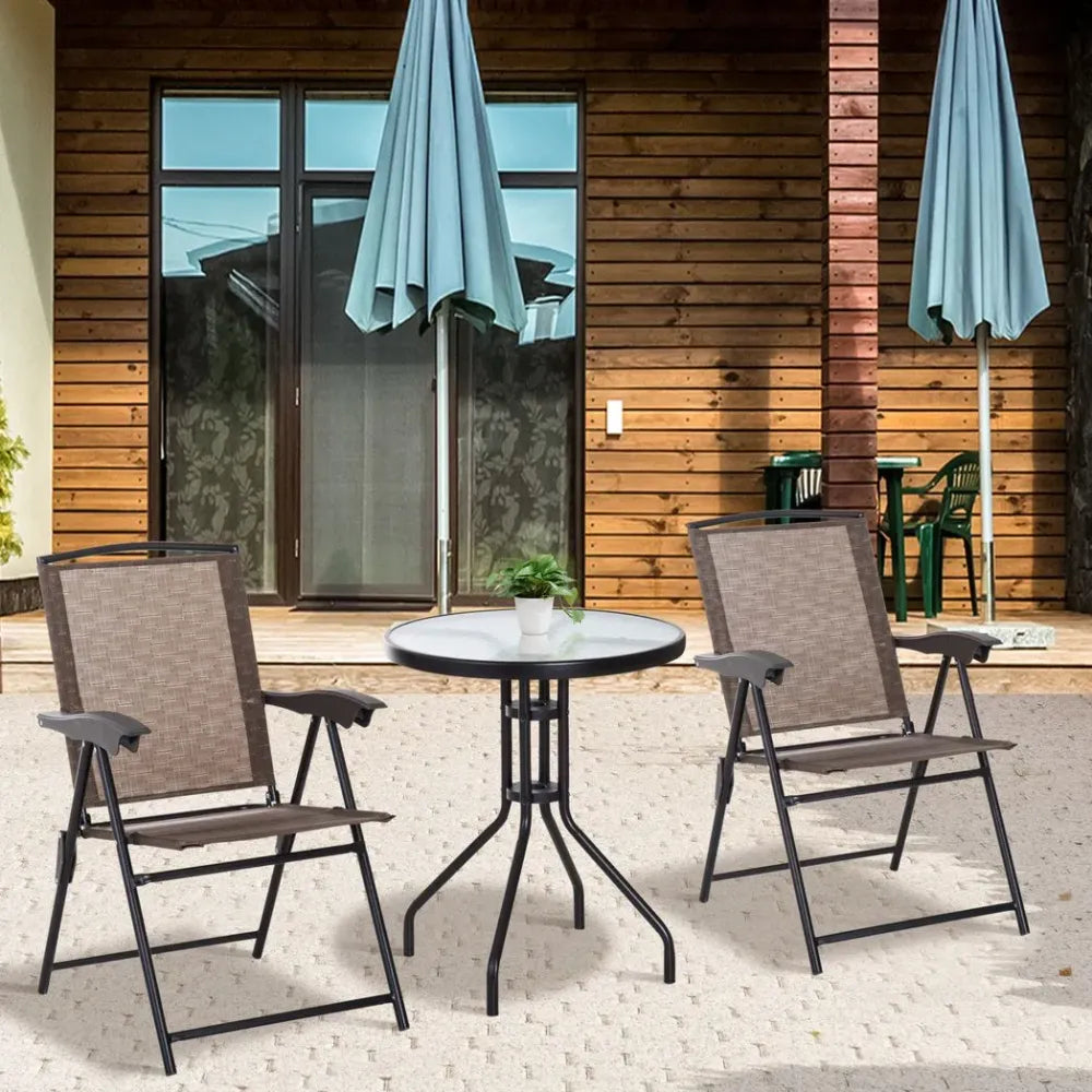 3 PCS Patio Furniture Bistro Set with Folding Chairs Tempered Glass Table Brown - anydaydirect