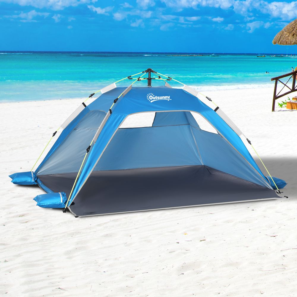 2 Man Pop-up Beach Tent Sun Shade Shelter Hut w/ Windows Door Blue Outsunny - anydaydirect