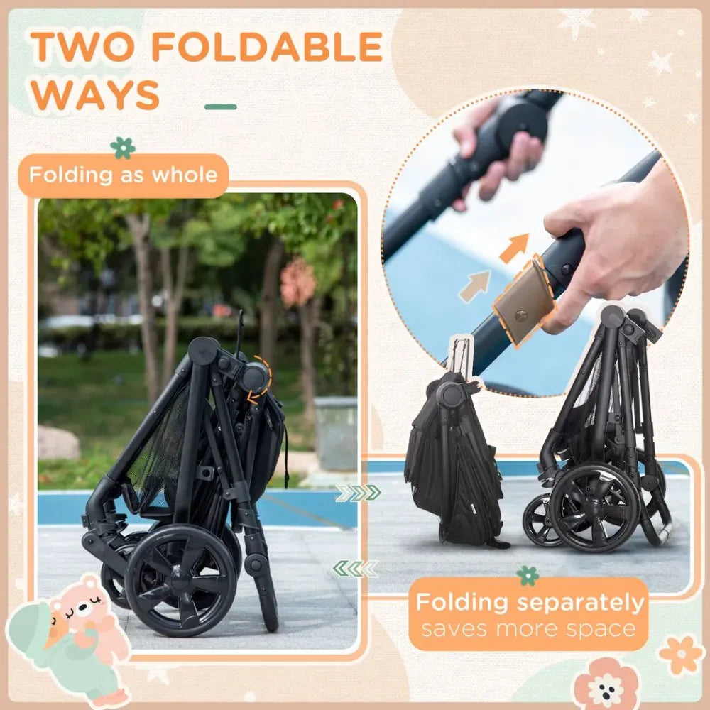 Foldable Baby Pushchair w/ Fully Reclining Backrest From Birth to 3 Years- Black - anydaydirect