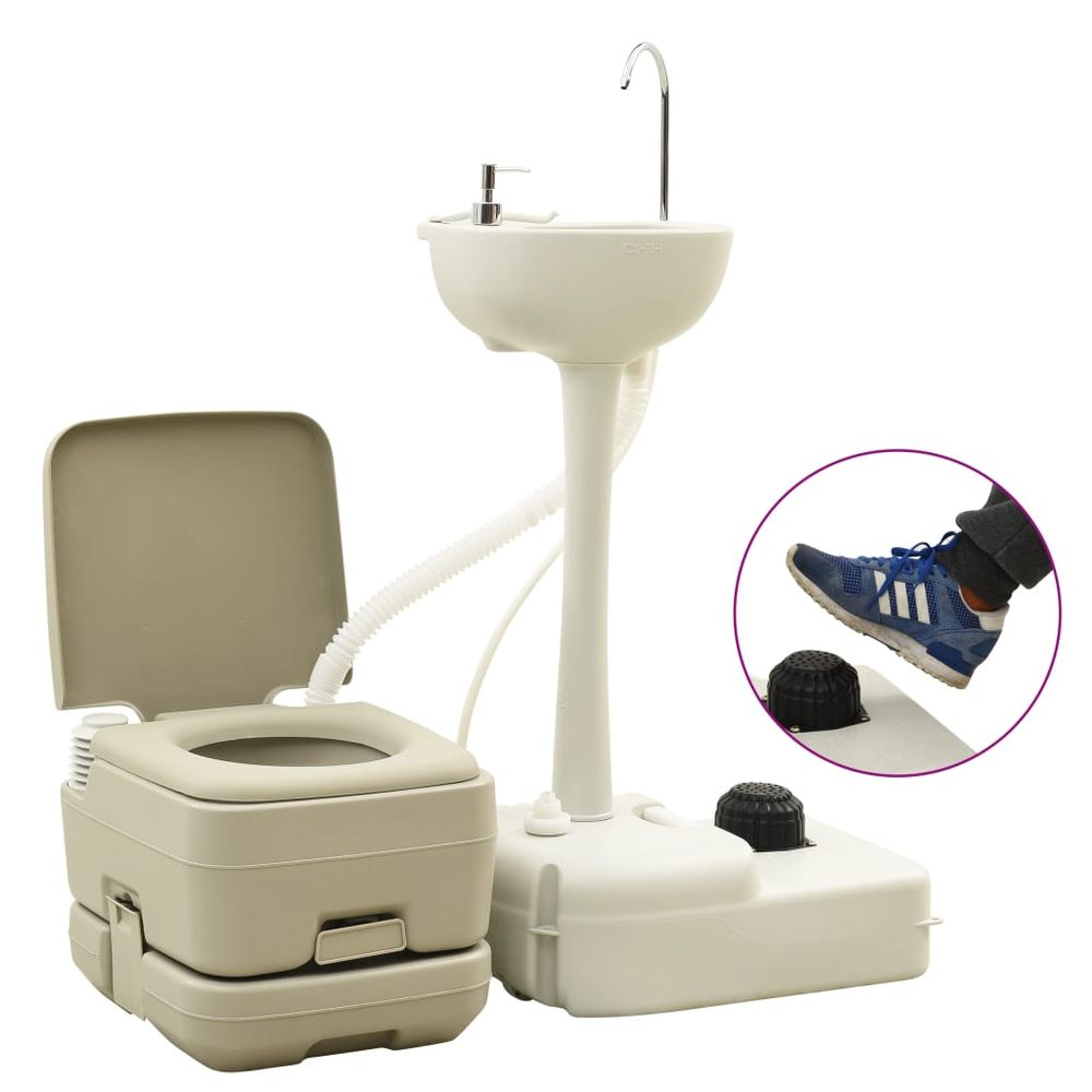 Portable Camping Toilet 10+10L and Handwash Stand 20L Set Grey - anydaydirect