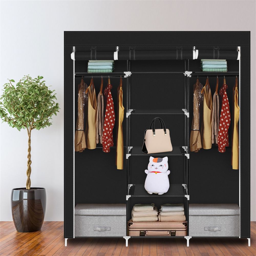 69" Portable Clothes Closet Non-Woven Fabric Wardrobe Double Rod Storage Organizer Black - anydaydirect