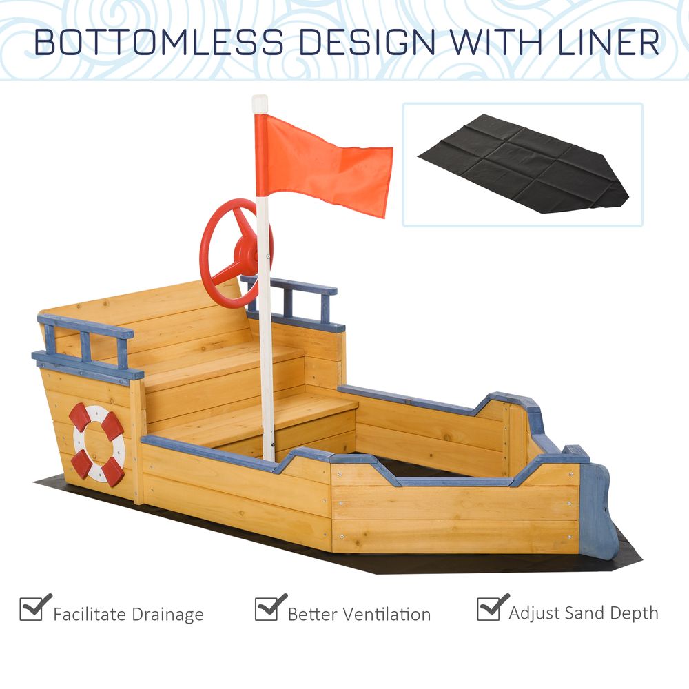Kids Wooden Sandbox Pirate Ship Sandboat w/ Bench Seat Storage Space - anydaydirect