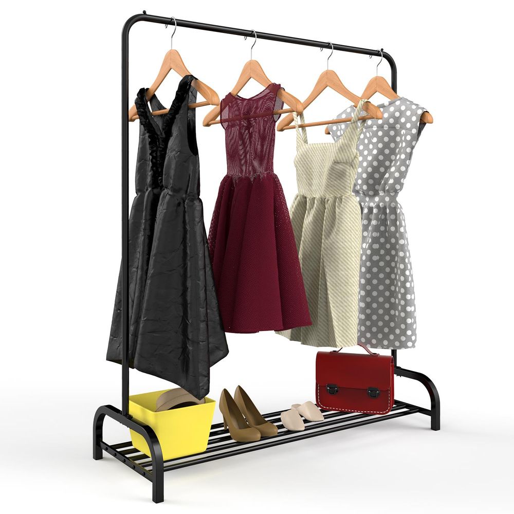 2x Heavy Duty Modern Metal Clothes Single Hanging Rail Stand with Storage Shelf For Dresses Boxes & Shoes BLACK - anydaydirect