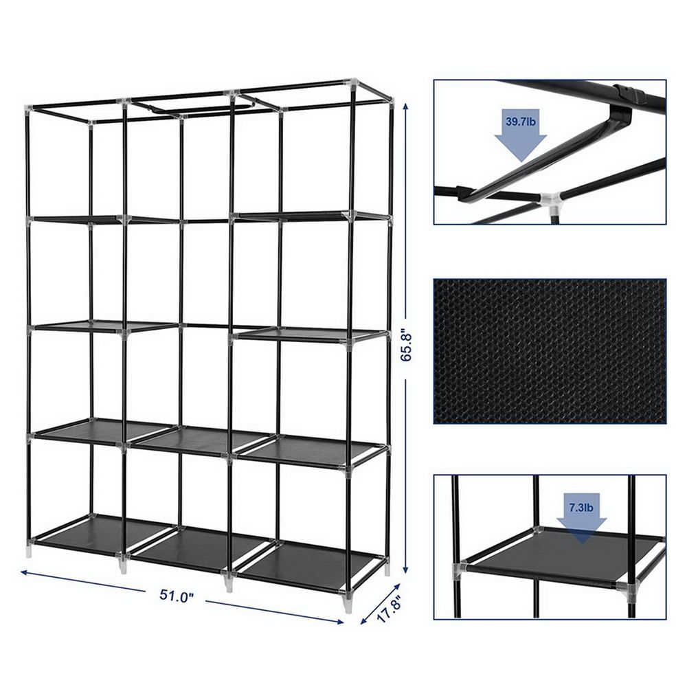 67" Portable Closet Organizer Wardrobe Storage Organizer with 10 Shelves Quick and Easy to Assemble Extra Space Black - anydaydirect