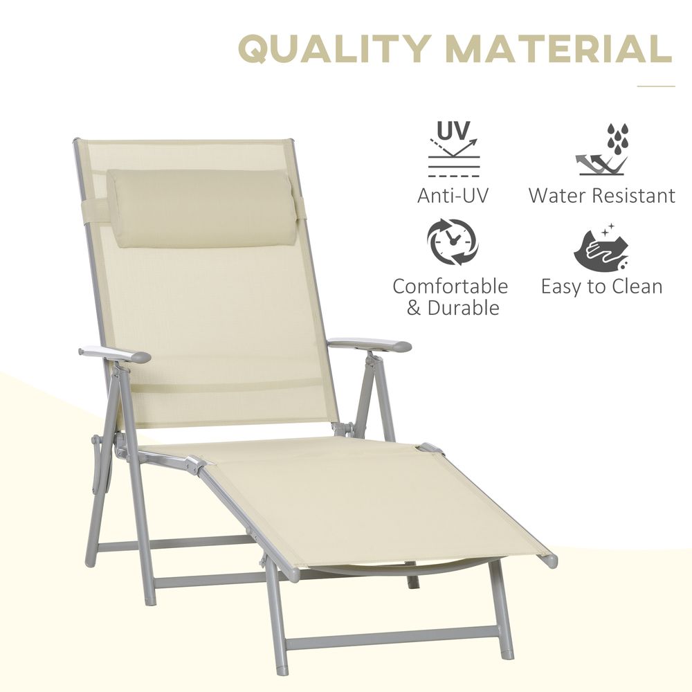 Sun Lounger Folding Chaise Chair Recliner & 7 Adjustable Backrest - Beige - anydaydirect