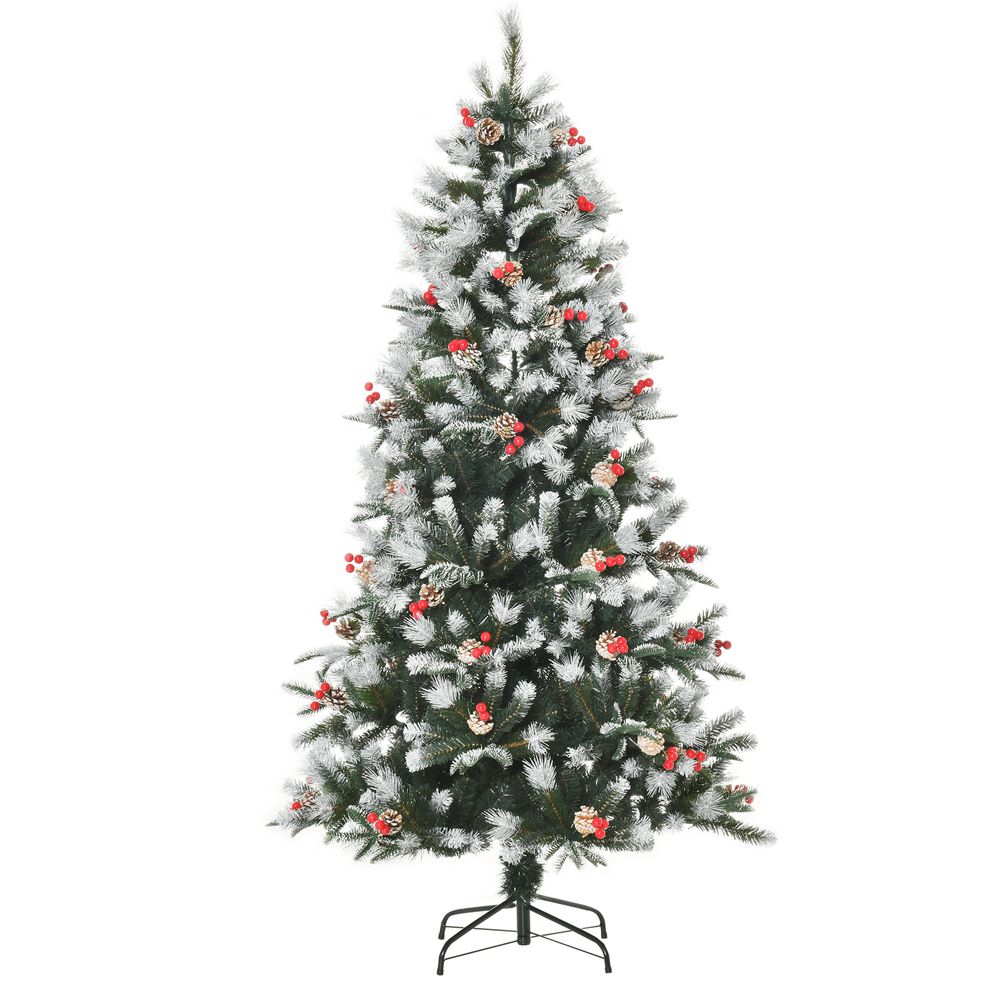 6FT Artificial SnowDipped Christmas Tree Foldable Berries White Pinecones Green - anydaydirect