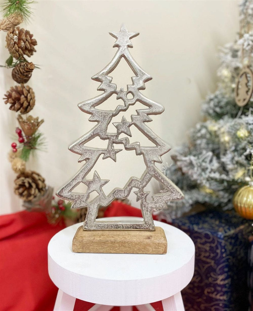 Silver Christmas Tree & Stars On Wooden Base - anydaydirect