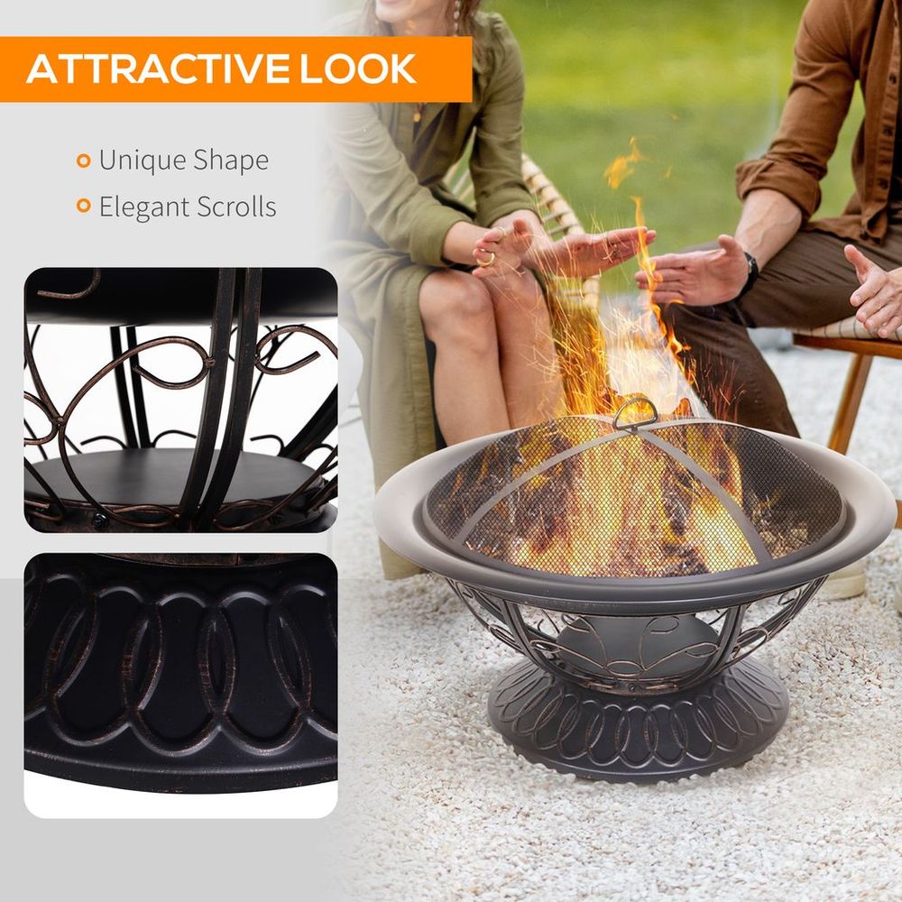 76cm Round Garden Firepit Patio Heater with Poker, Cover,Wood Log Grade - anydaydirect