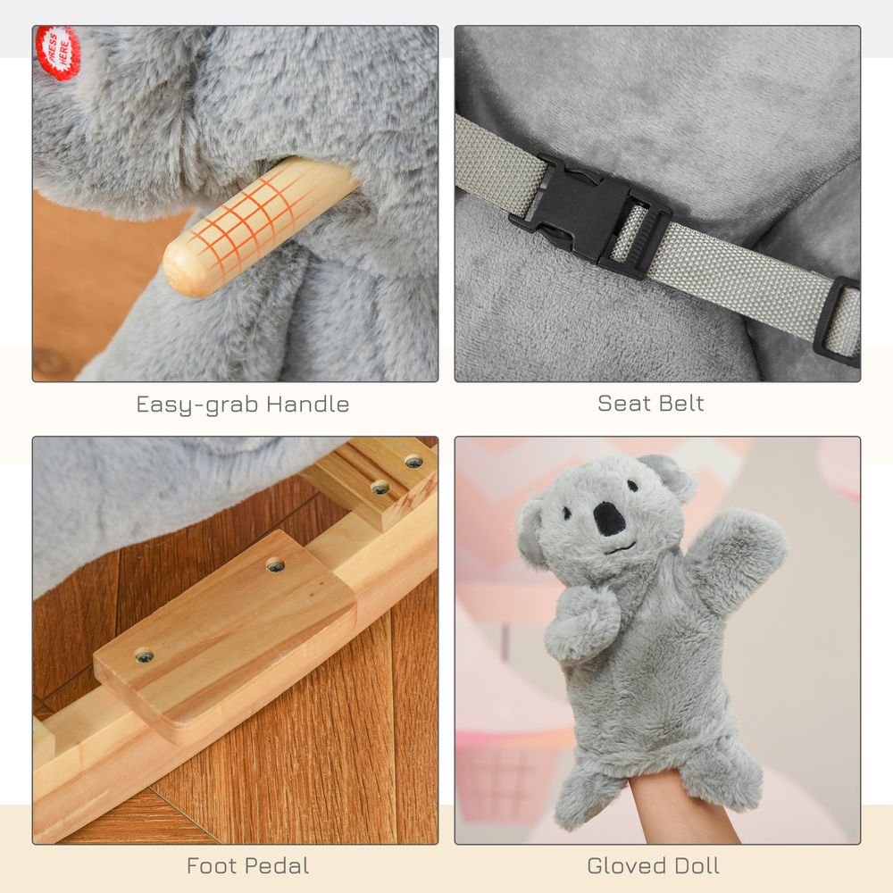 Kids Plush Ride-On Rocking Horse Koala-shaped Toy w/ Gloved Doll Grey - anydaydirect