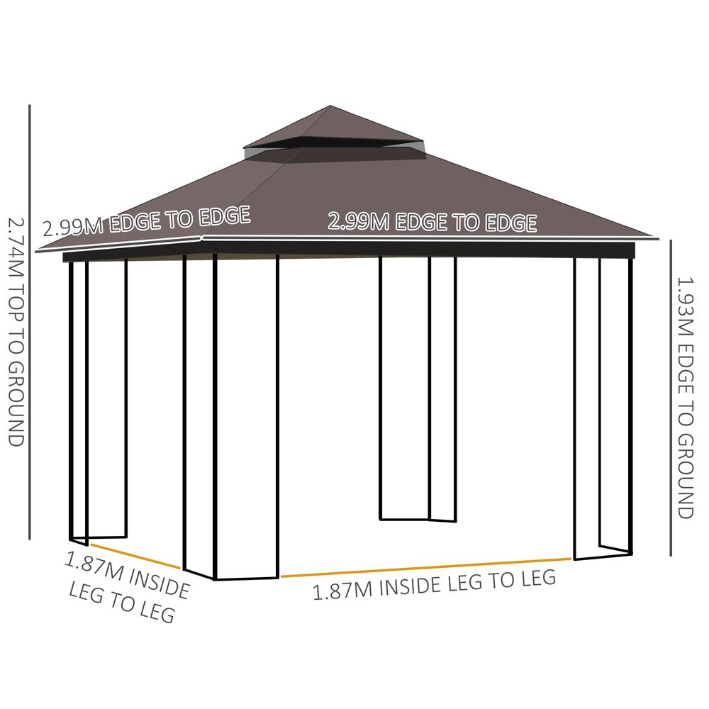 Gazebo 3x3m Patio Canopy Double Tier Roof, Mesh Curtains Coffee - anydaydirect