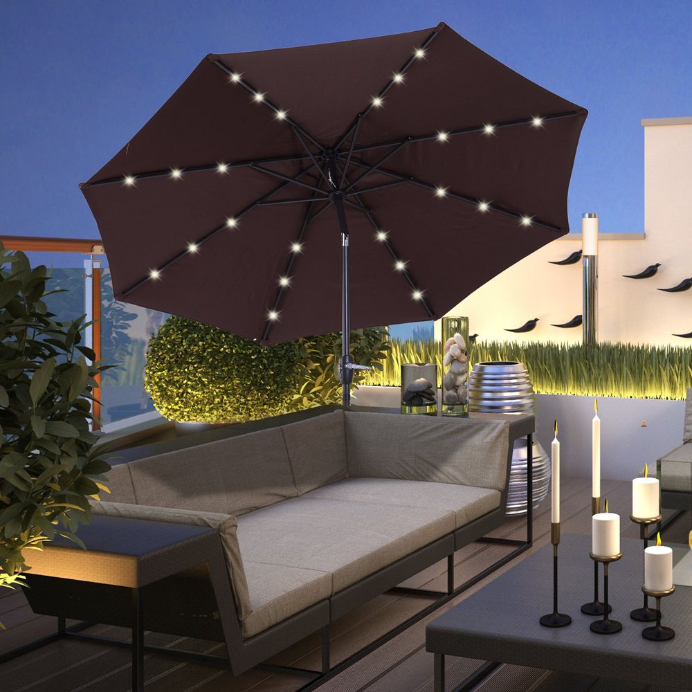 Garden 24 LED Light Parasol Outdoor Tilt Sun Umbrella Patio Club Party Sunshade - anydaydirect