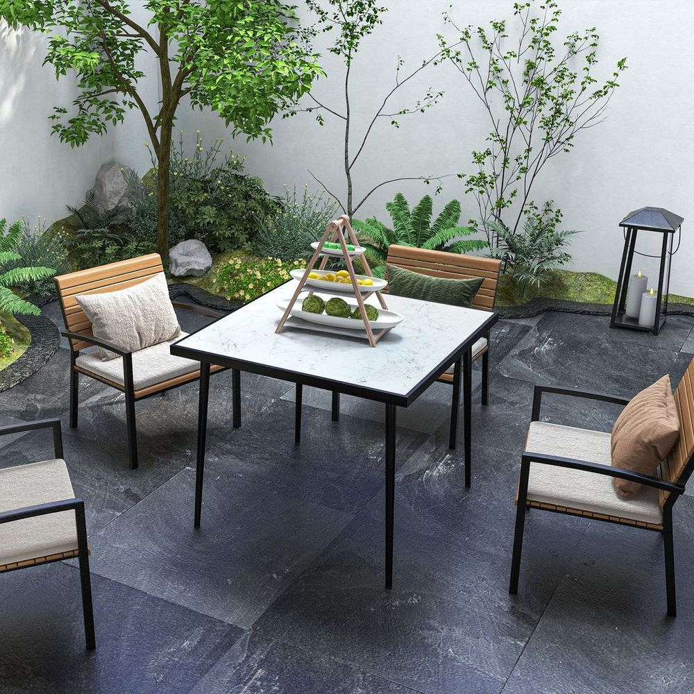 Outsunny Outdoor Dining Table for 4 with Marble Effect Tempered Glass Top White - anydaydirect
