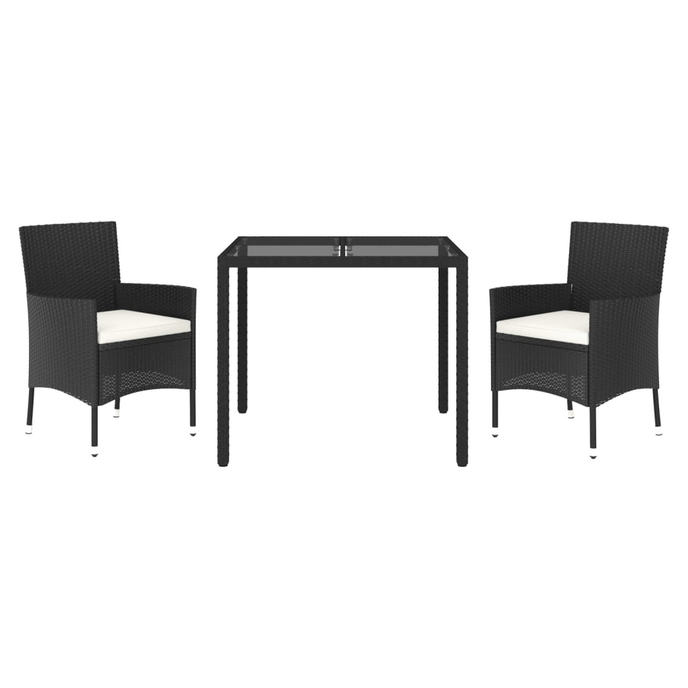 vidaXL 3 Piece Garden Dining Set with Cushions Black Poly Rattan - anydaydirect